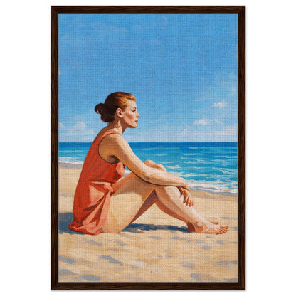 Coastal woman portrait framed canvas, seated at the shoreline in muted beige and blue, impressionist style