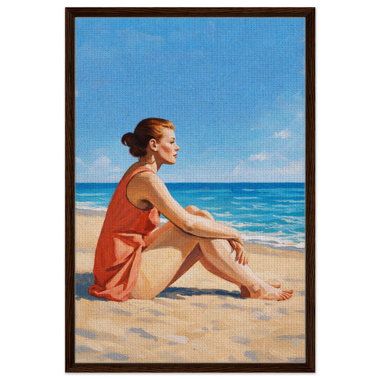 Coastal woman portrait framed canvas, seated at the shoreline in muted beige and blue, impressionist style