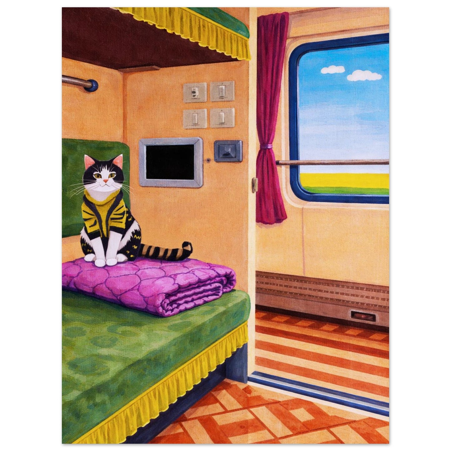 Cat on Train Matte Paper Poster Pop-Art - Mid-Century Travel
