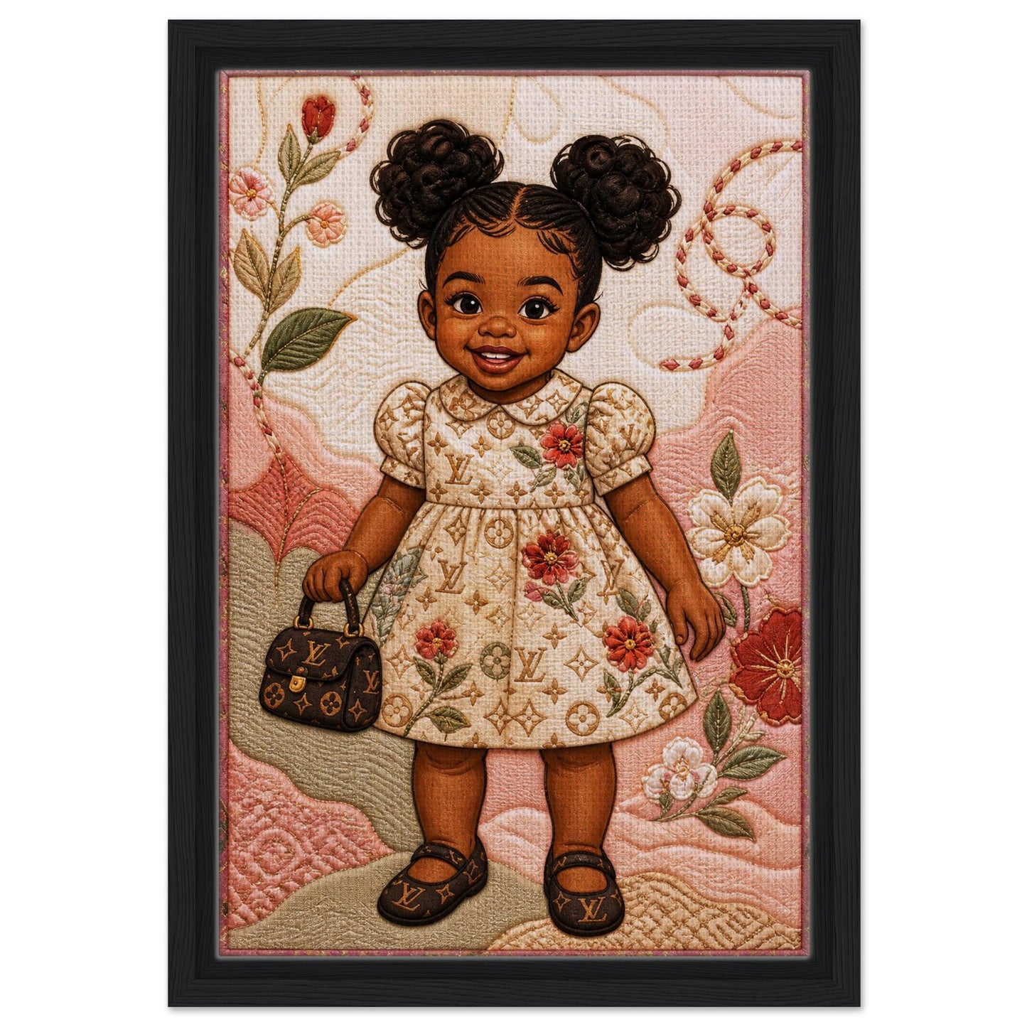 Little Luxe Black Girl Framed Canvas Quilted-Style Textile-Inspired