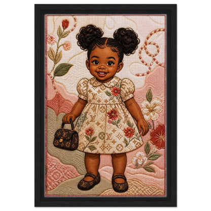 Little Luxe Black Girl Framed Canvas Quilted-Style Textile-Inspired