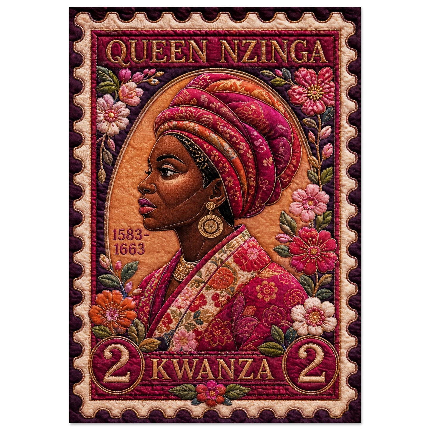 Queen Nzinga Quilt-Inspired Matte Paper Poster in Bisa Butler Style