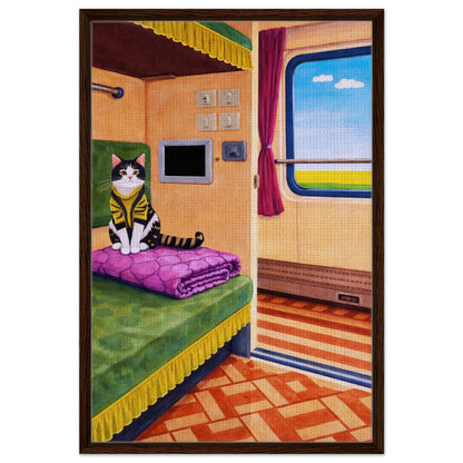 Retro cat on train framed canvas, vertical wall art with brown wood frame and textured canvas