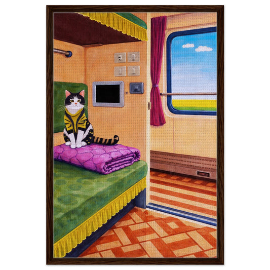 Retro cat on train framed canvas, vertical wall art with brown wood frame and textured canvas