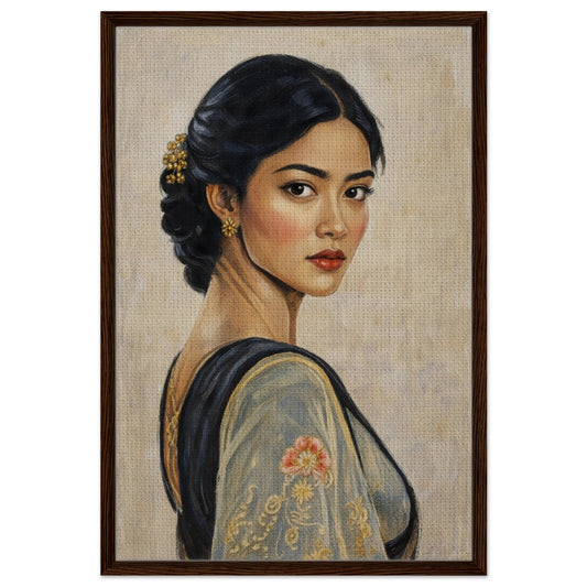 Realist framed canvas portrait, three-quarter turn, knowing gaze, dark wood frame, beige, gold jewelry, floral embroidery