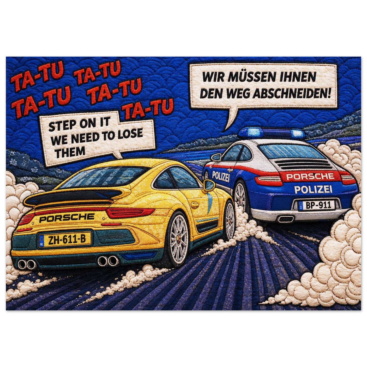 Autobahn Chase Museum Quality Matte Paper Poster Quilt-Inspired Pop-Ar