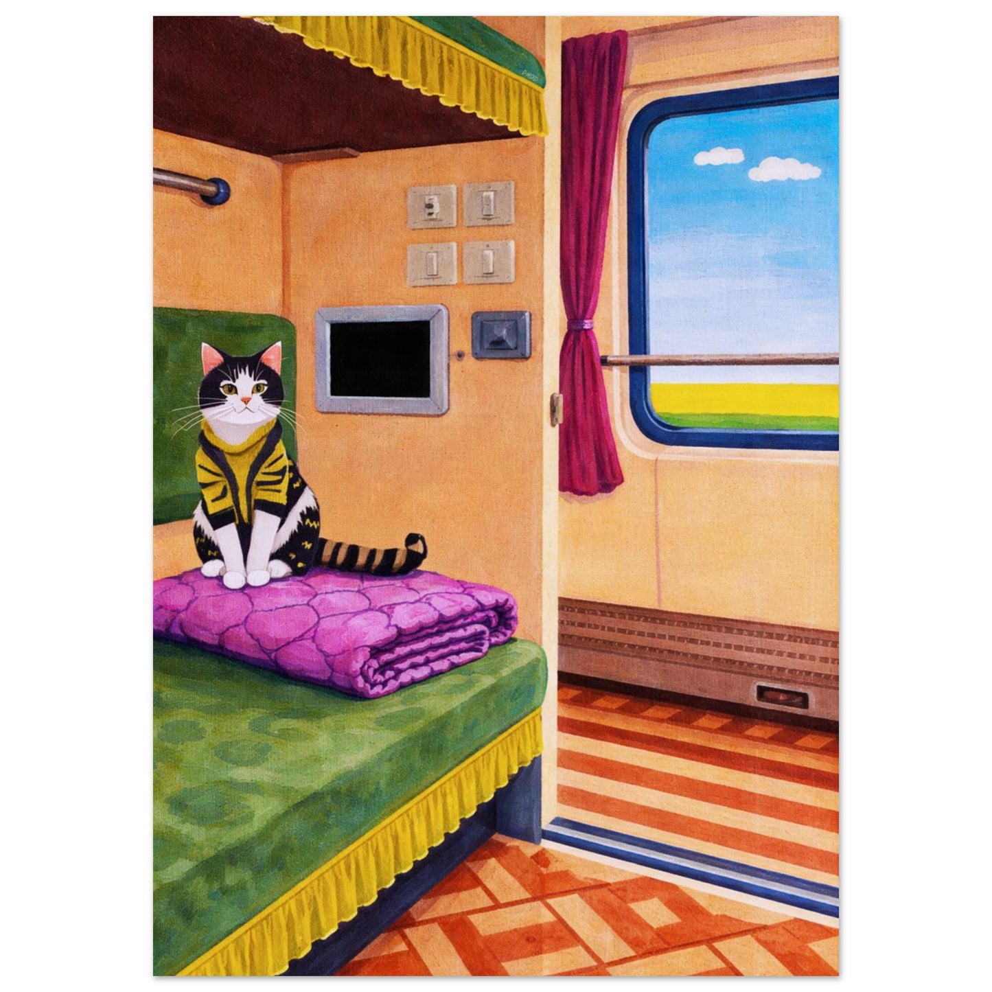 Cat on Train Matte Paper Poster Pop-Art - Mid-Century Travel
