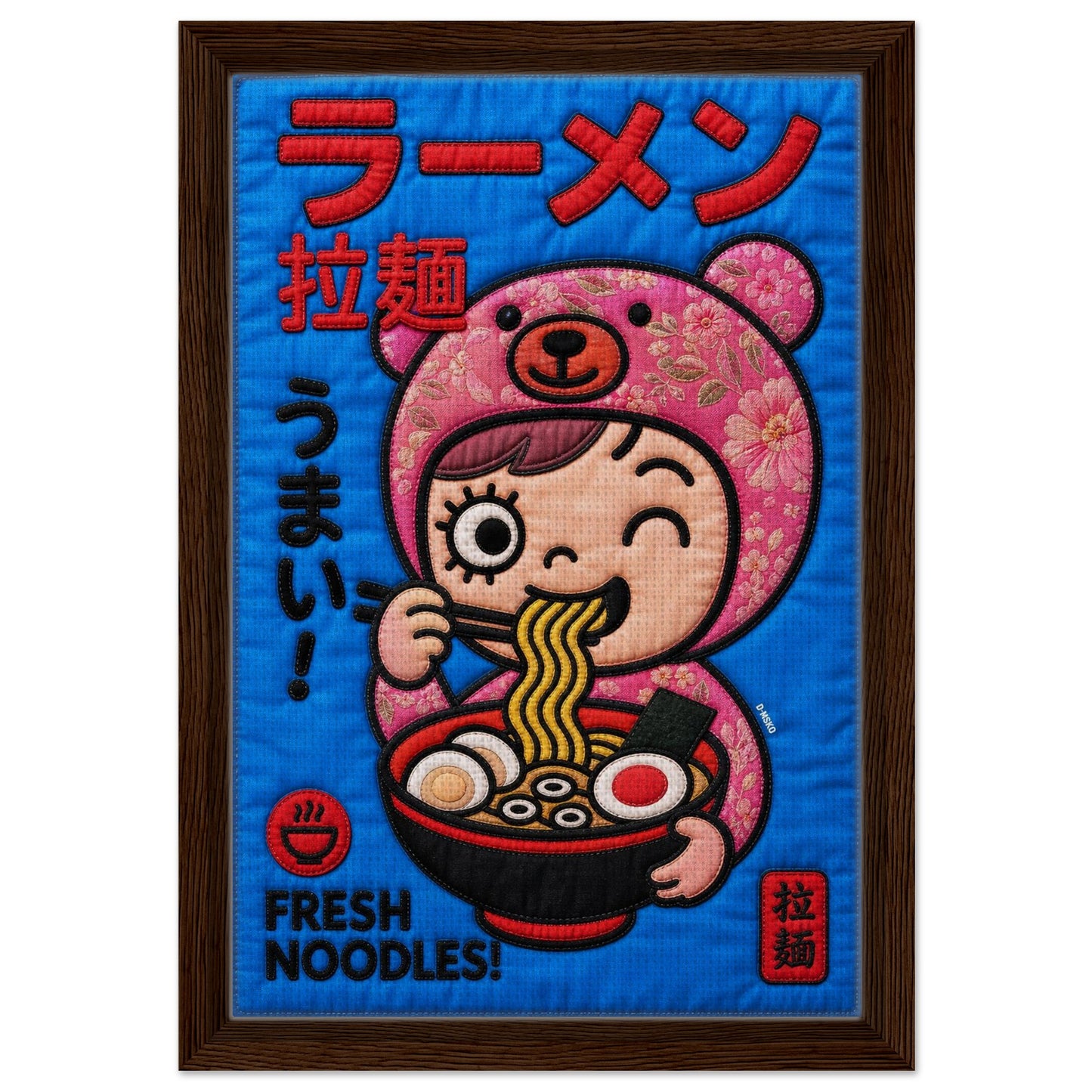 Kawaii Ramen Bear Framed Canvas Quilt-Inspired Pop-Art