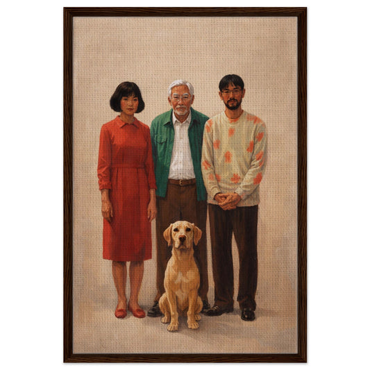 What Remains Unsaid framed canvas, contemporary realist family portrait with Labrador, muted neutrals, dark wood frame