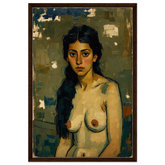 Modern quiet figure framed canvas, nude portrait in muted teal and beige, painterly texture, dark wood frame, vertical.