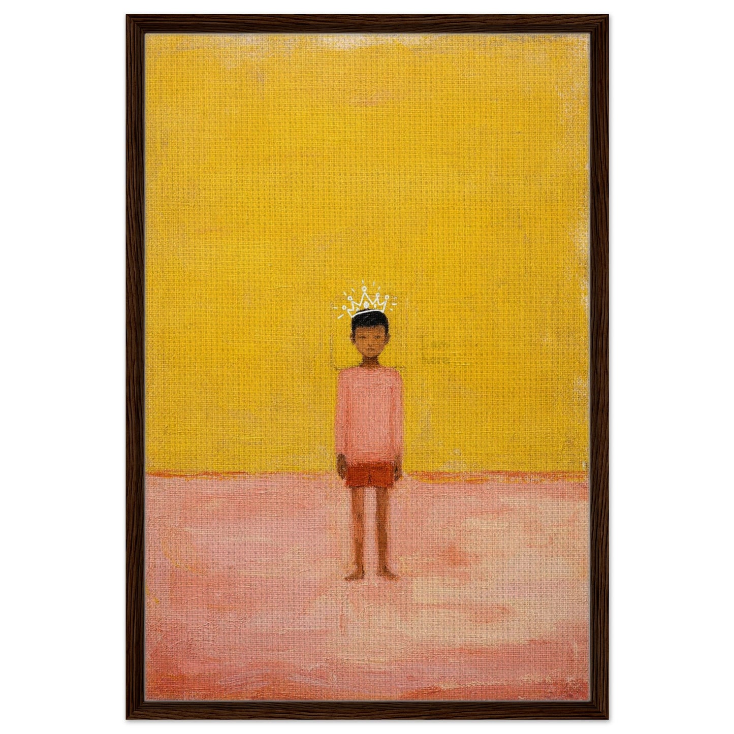 Black boy framed canvas wall art with simple crown, minimalist figurative print in dark wood frame.