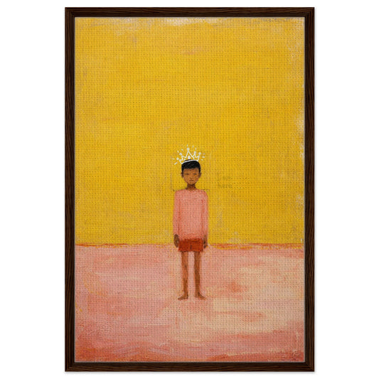 Black boy framed canvas wall art with simple crown, minimalist figurative print in dark wood frame.