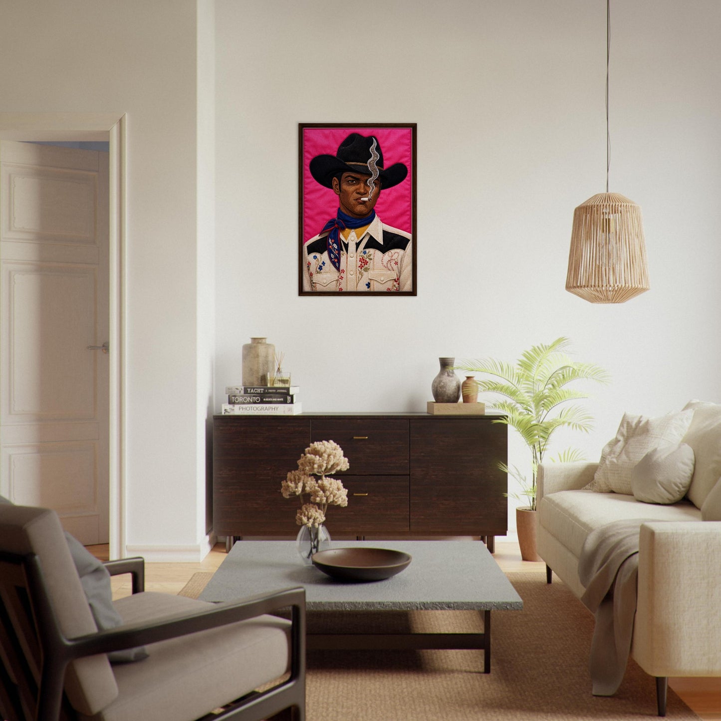 Pink Outlaw Cowboy Framed Canvas Quilt-Inspired Western Portrait
