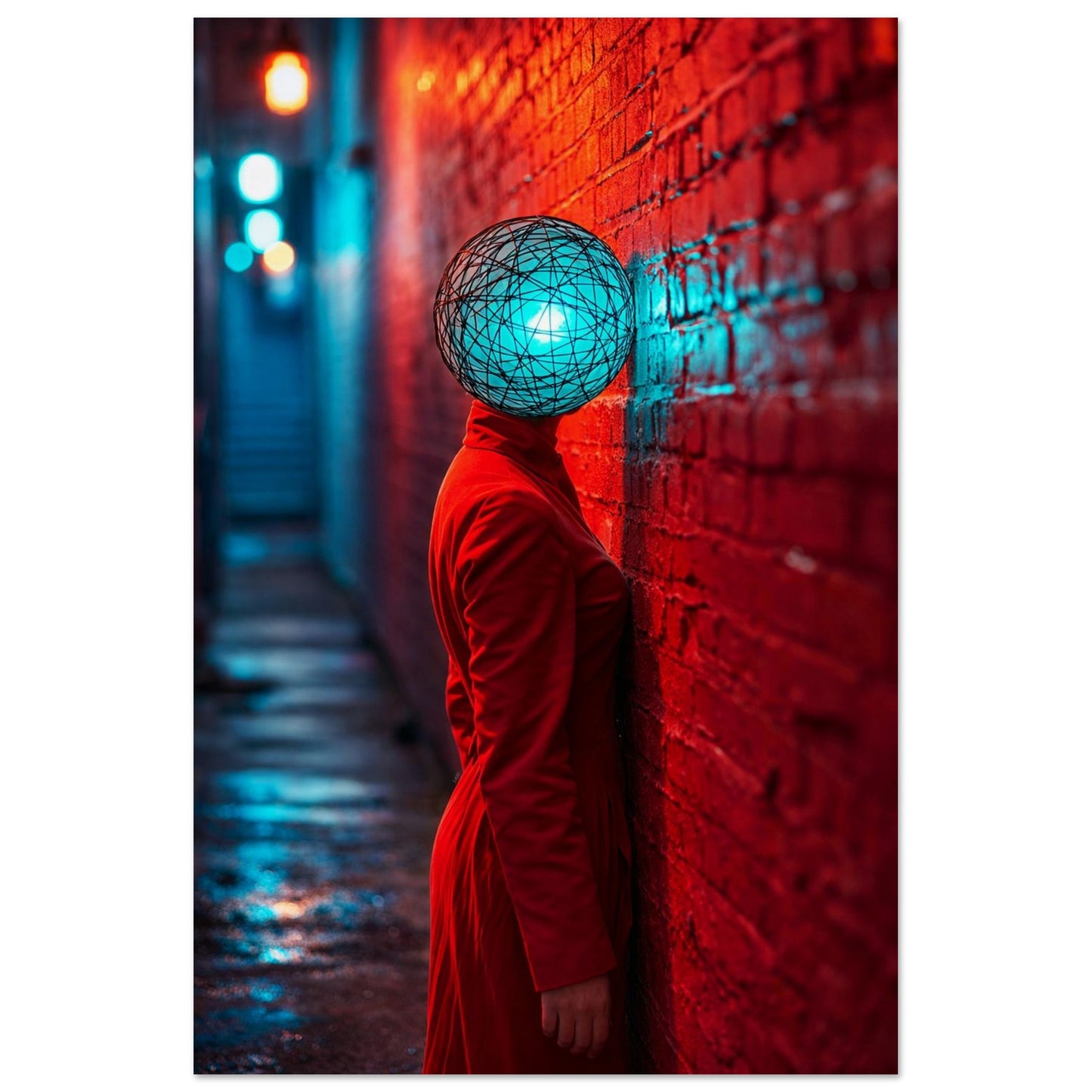 Cyberpunk neon alley portrait poster, museum-quality matte paper, red/cyan glow, brick-wall backdrop, unframed vertical print
