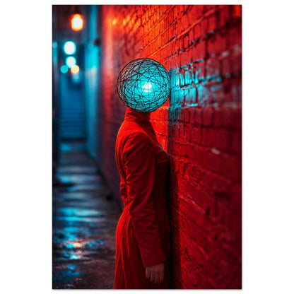 Cyberpunk neon alley portrait poster, museum-quality matte paper, red/cyan glow, brick-wall backdrop, unframed vertical print