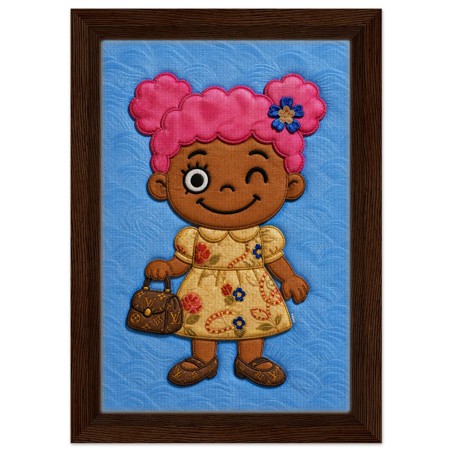 Pink Pigtails Framed Canvas Quilted-Style Kawaii-Style - Pop Art