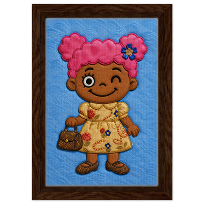 Pink Pigtails Framed Canvas Quilted-Style Kawaii-Style - Pop Art