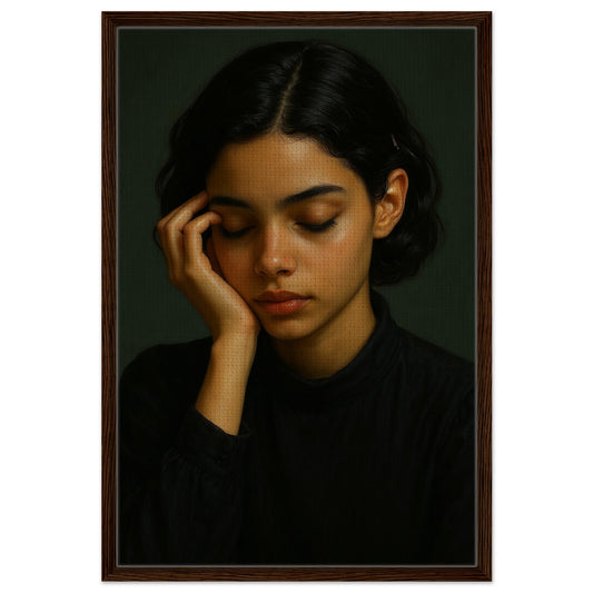 Dreaming in quiet shadows framed canvas, vertical realist portrait of a woman on dark green, dark wood frame