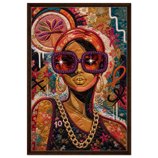 Afrocentric Black woman portrait on framed canvas with quilt-inspired florals, gold accents, wood frame, purple sunglasses