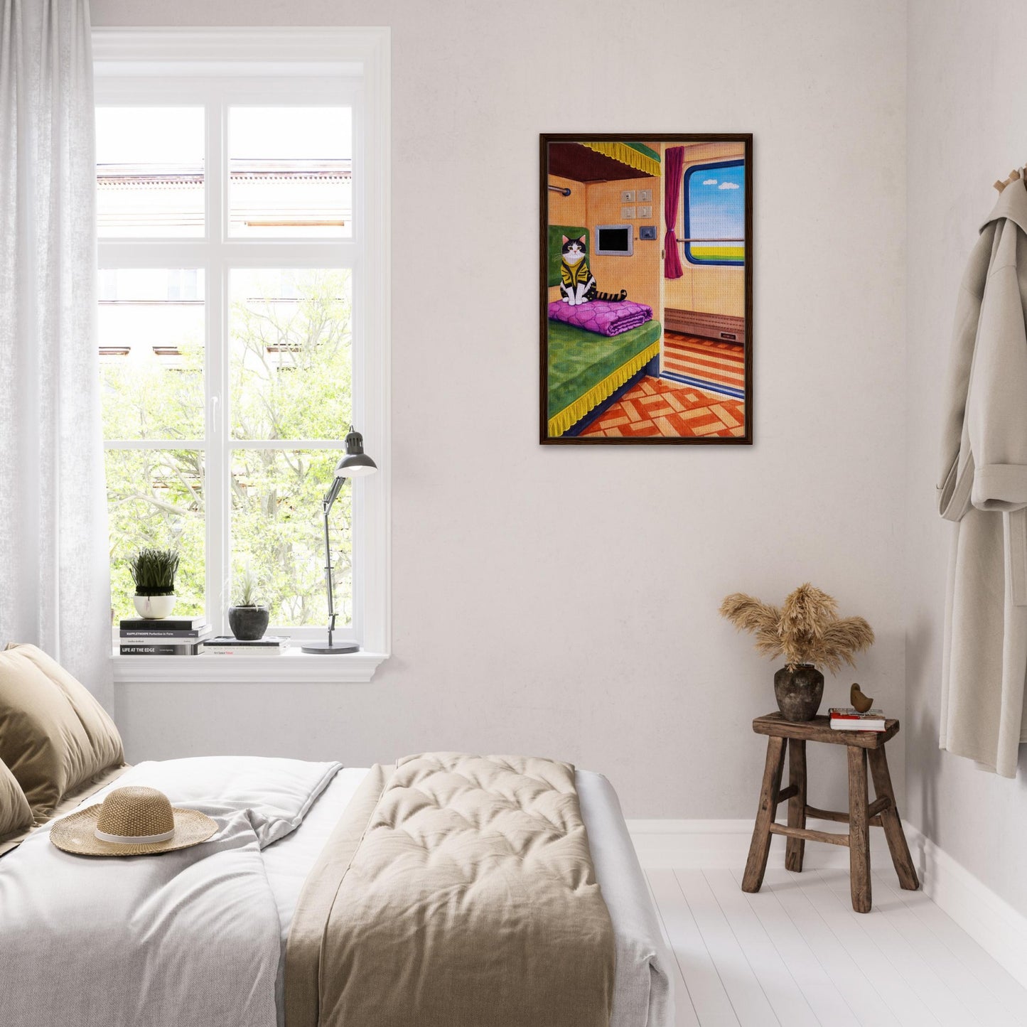Cat on Train Framed Canvas Retro-Whimsical - Mid-Century Style