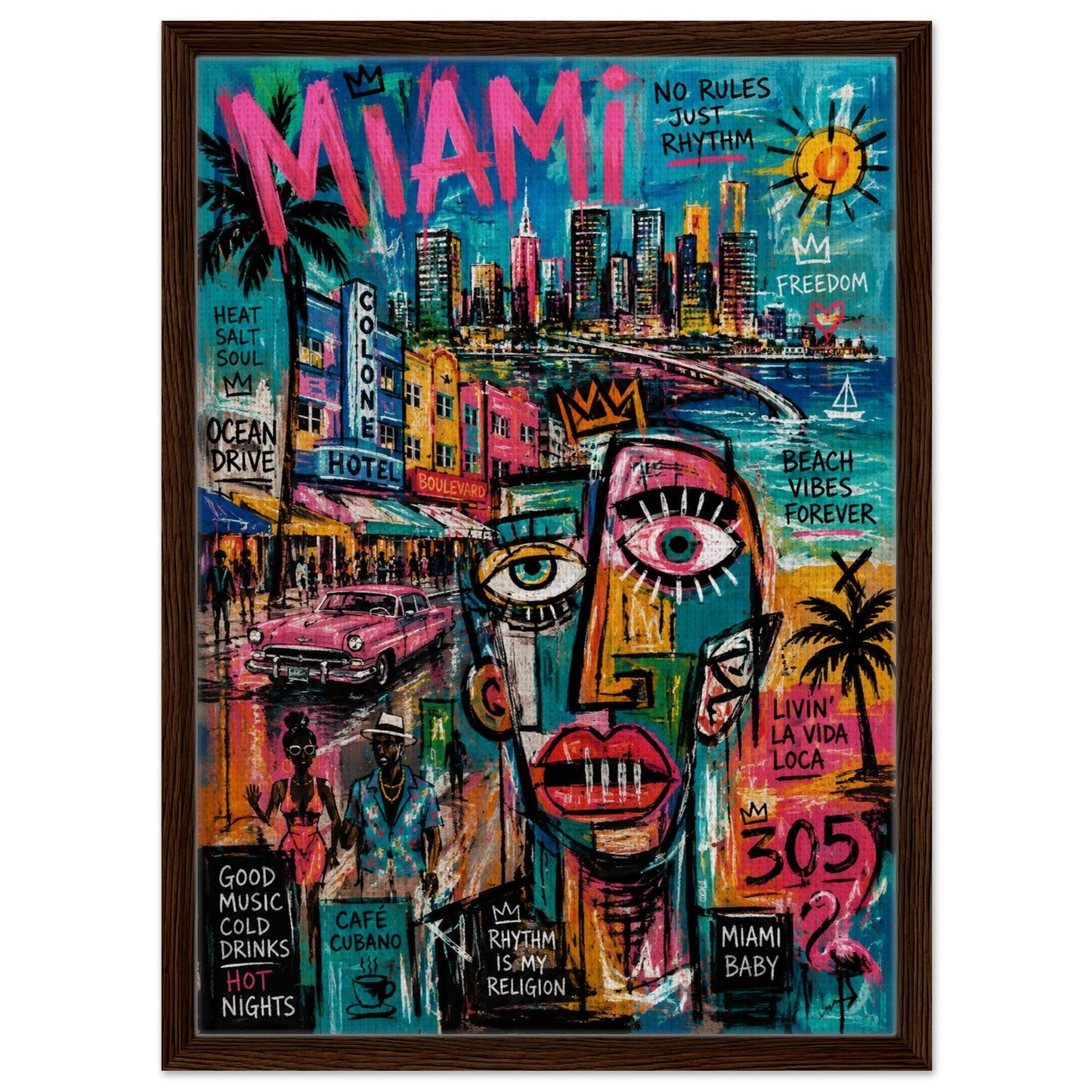 Miami Rhythm 305 Framed Canvas Neon-Graffiti Urban-Pop - Neo-Pop Style