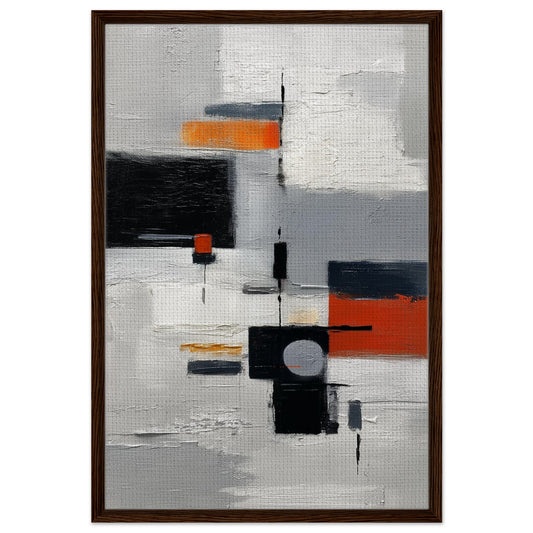 Abstract Assembly framed canvas, mid-century geometric abstract with orange accents in a slim black frame, portrait