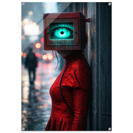 Contemporary art acrylic print of a cyberpunk surreal portrait with a neon turquoise eye, glossy panel with metal standoffs