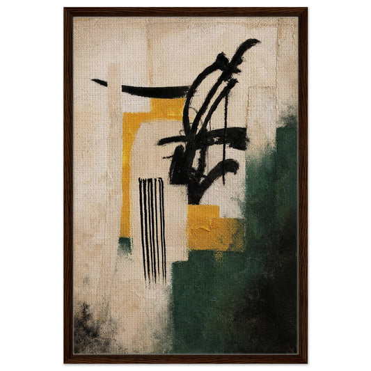 Ritual in Ochre framed canvas abstract with ochre blocks, black brushstrokes, green wash, and dark wood frame