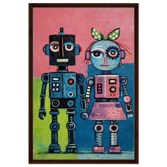 Retro-futurist love framed canvas featuring a robot couple in naive pop color-block style with a wood-look frame