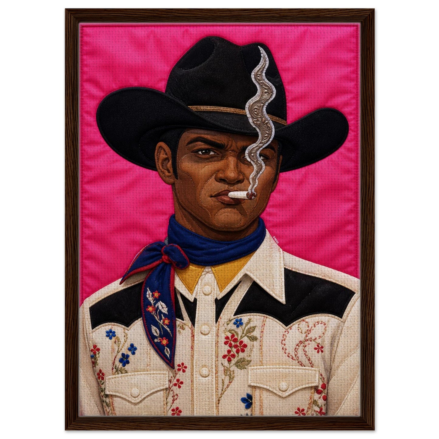 Pink Outlaw Cowboy Framed Canvas Quilt-Inspired Western Portrait