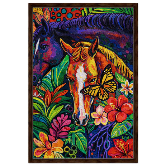 Flora Meets Fire framed canvas, dark wood, pop-art botanical with two horses and a monarch butterfly on textured canvas.