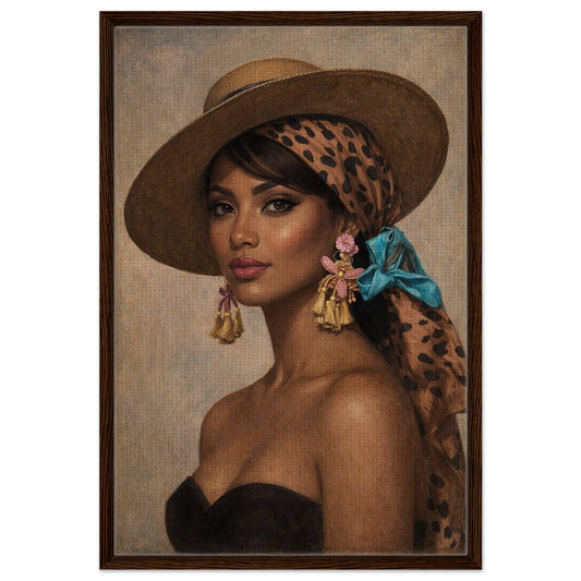 Framed canvas portrait of an elegant, confident woman in vintage glamour, leopard-print scarf-elegance unspoken.