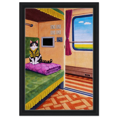 Cat on Train Framed Canvas Retro-Whimsical - Mid-Century Style
