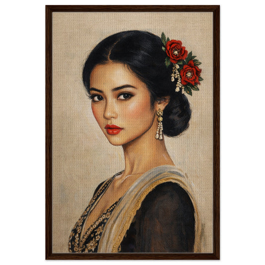 She Does Not Need Light realist portrait framed canvas, woman on beige with red flower hairpiece, gold earrings, wood frame