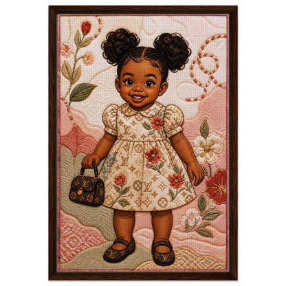 Little Luxe Black Girl Framed Canvas Quilted-Style Textile-Inspired
