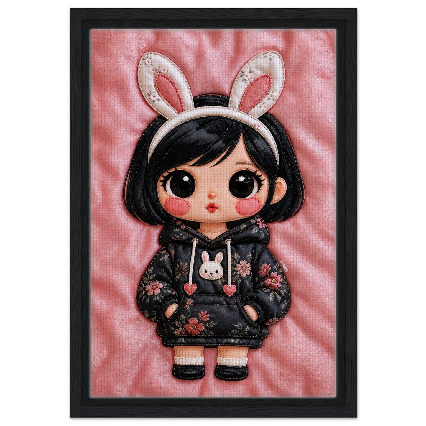 Bunny Bloom Kawaii Quilted-Style Framed Canvas