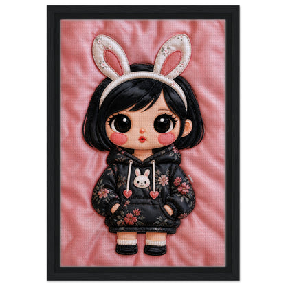 Bunny Bloom Kawaii Quilted-Style Framed Canvas