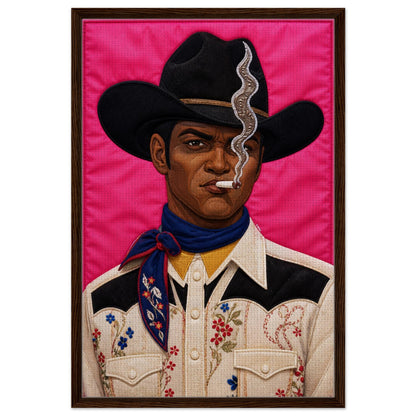 Framed canvas with pink background featuring a quilt-inspired western portrait of a smoking cowboy, dark wood frame.