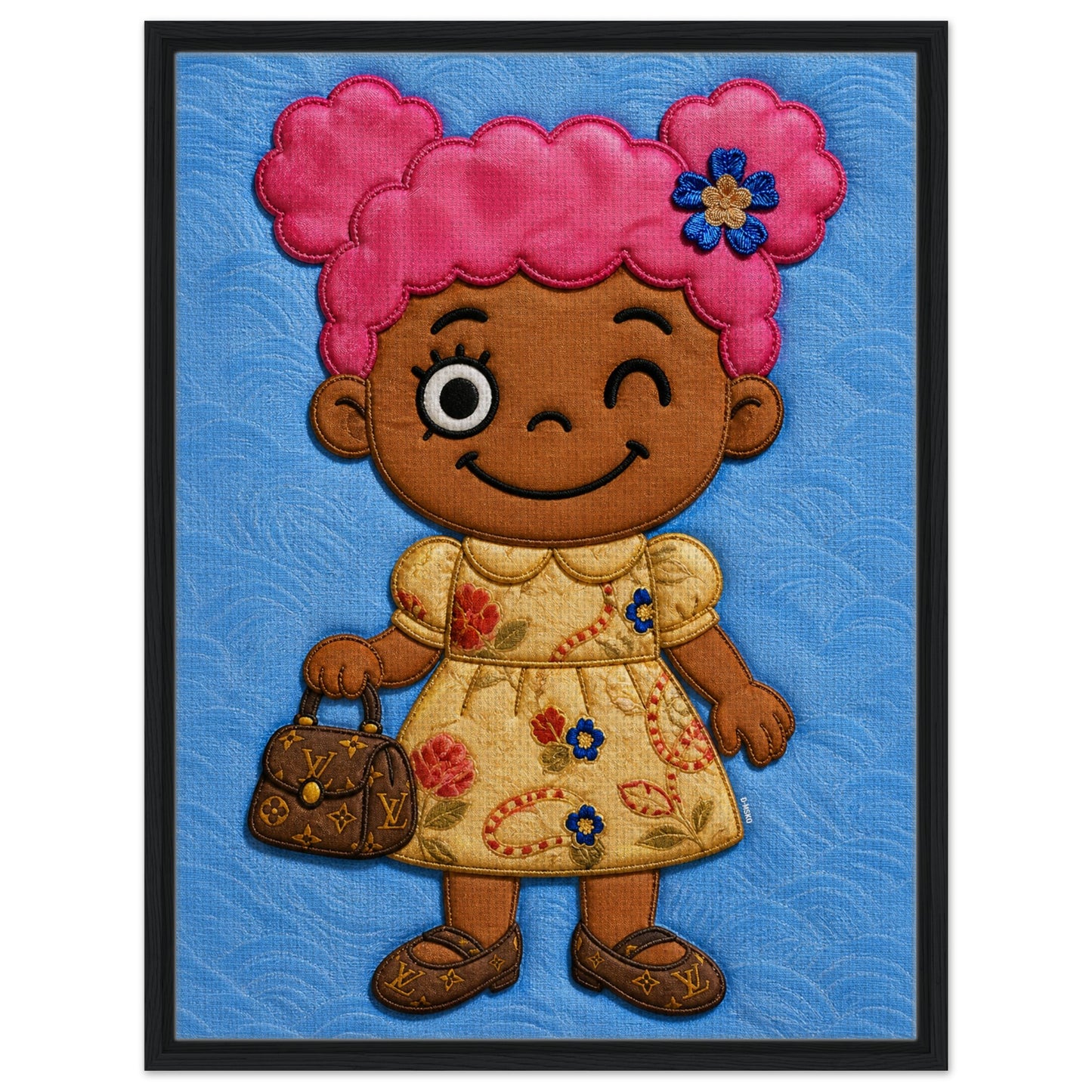 Pink Pigtails Framed Canvas Quilted-Style Kawaii-Style - Pop Art