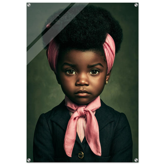 Little Rose Crown acrylic wall art print featuring a natural hair portrait with a pink headscarf, for home decor.