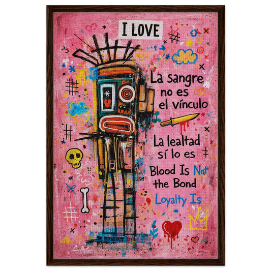 Heart Before Blood Basquiat-style framed canvas with crowns, skulls, and hot-pink street art, wood frame, portrait