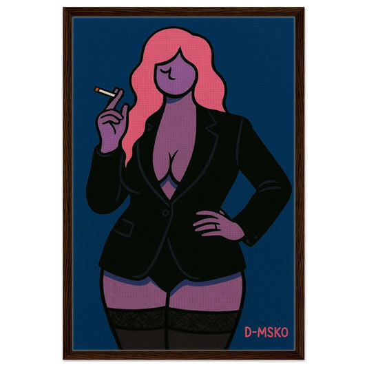Midnight femme modern MSKO framed canvas portrait of a woman with pink hair on deep navy, pop-art style, natural wood frame