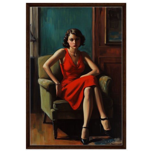 The Chair, Where Thoughts Rest framed canvas-film‑noir portrait of a woman in a red dress seated on a chair, dark wood frame