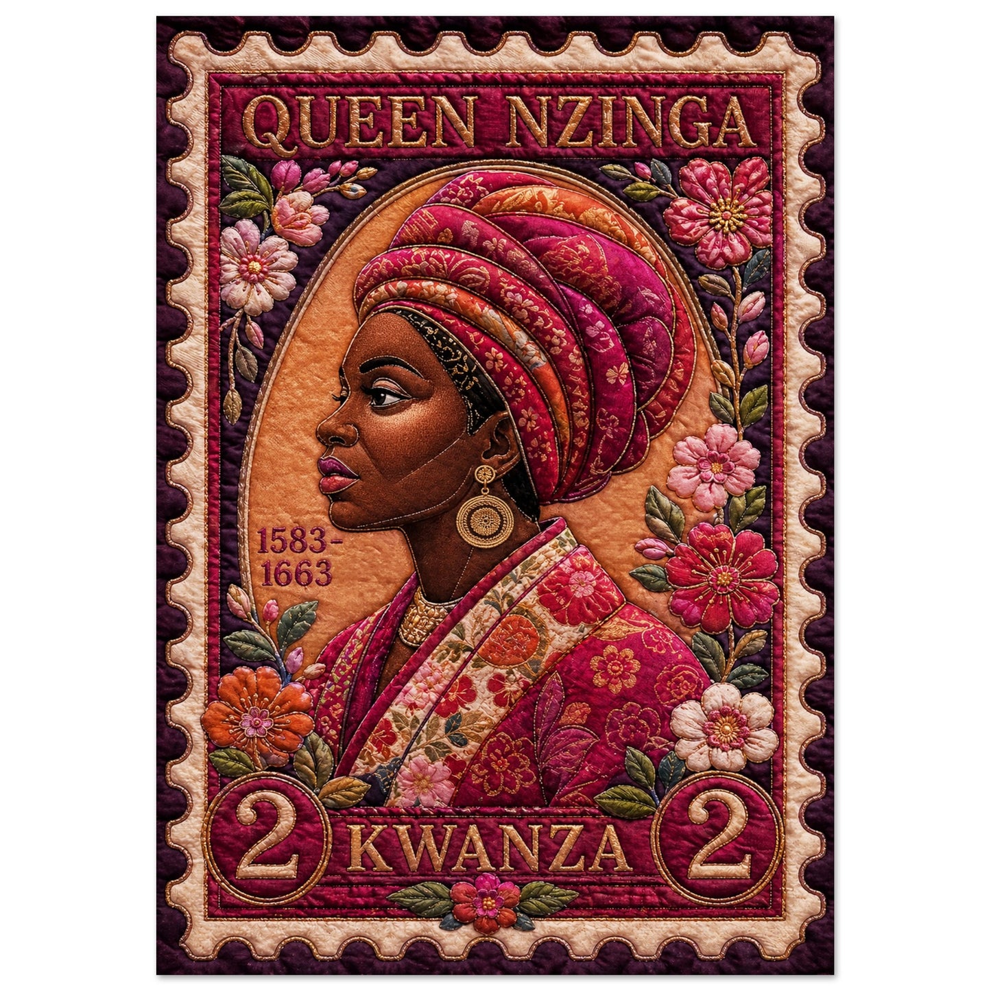 Queen Nzinga Quilt-Inspired Matte Paper Poster in Bisa Butler Style