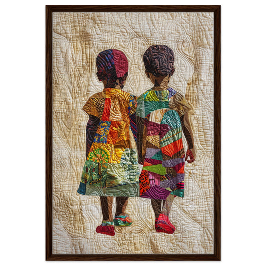 Afrocentric sisters portrait on quilt-inspired framed canvas, black wood frame, beige background, vertical orientation.