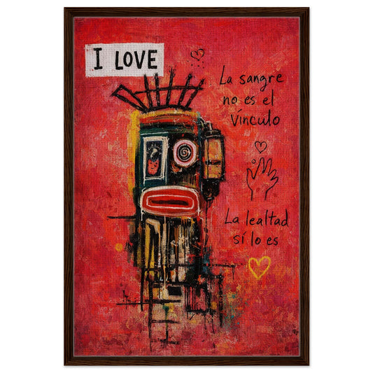 Red Oath framed canvas, street-art abstract face with Spanish loyalty text in a dark wood frame, portrait orientation.