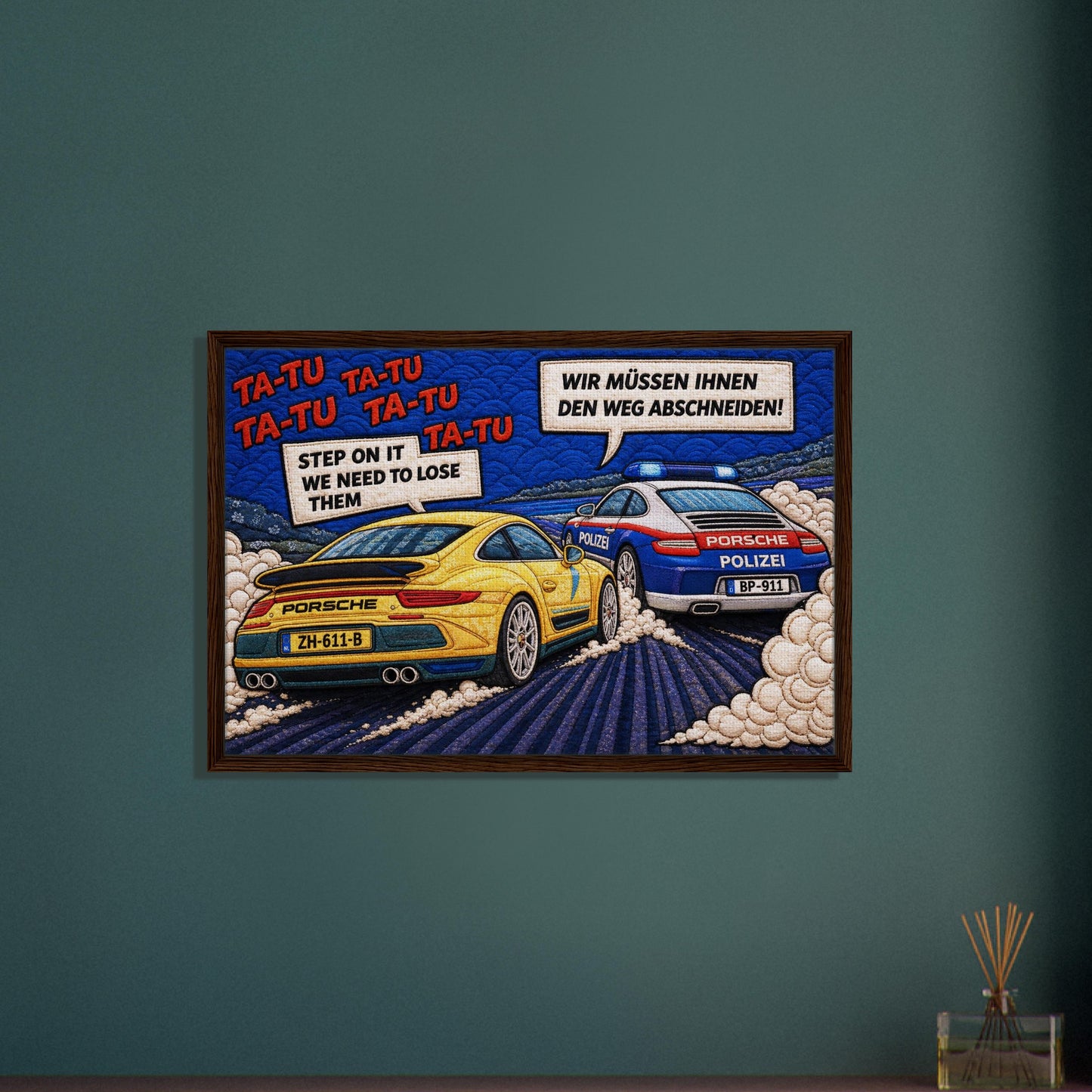 Autobahn Chase Framed Canvas Quilted-Style Pop-Art