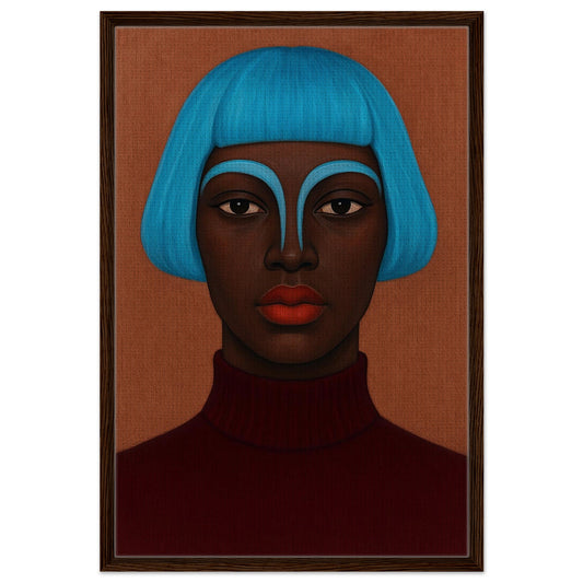 Blue aura framed canvas print of an Afrocentric female portrait with turquoise bob, wood frame, matte finish.