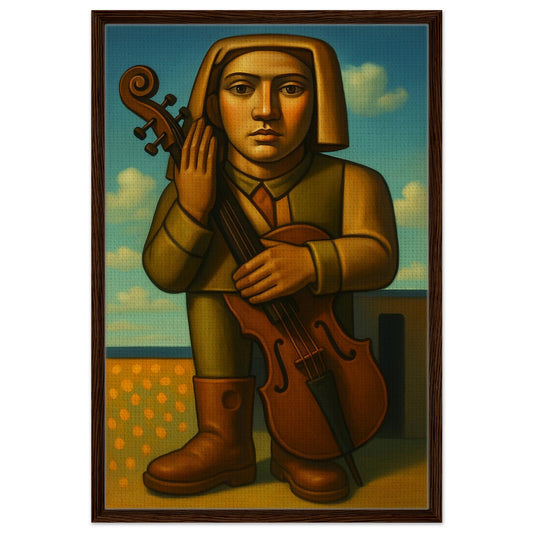 Modernist figurative portrait of a violinist on framed canvas with dark wood frame, textured vertical wall art.