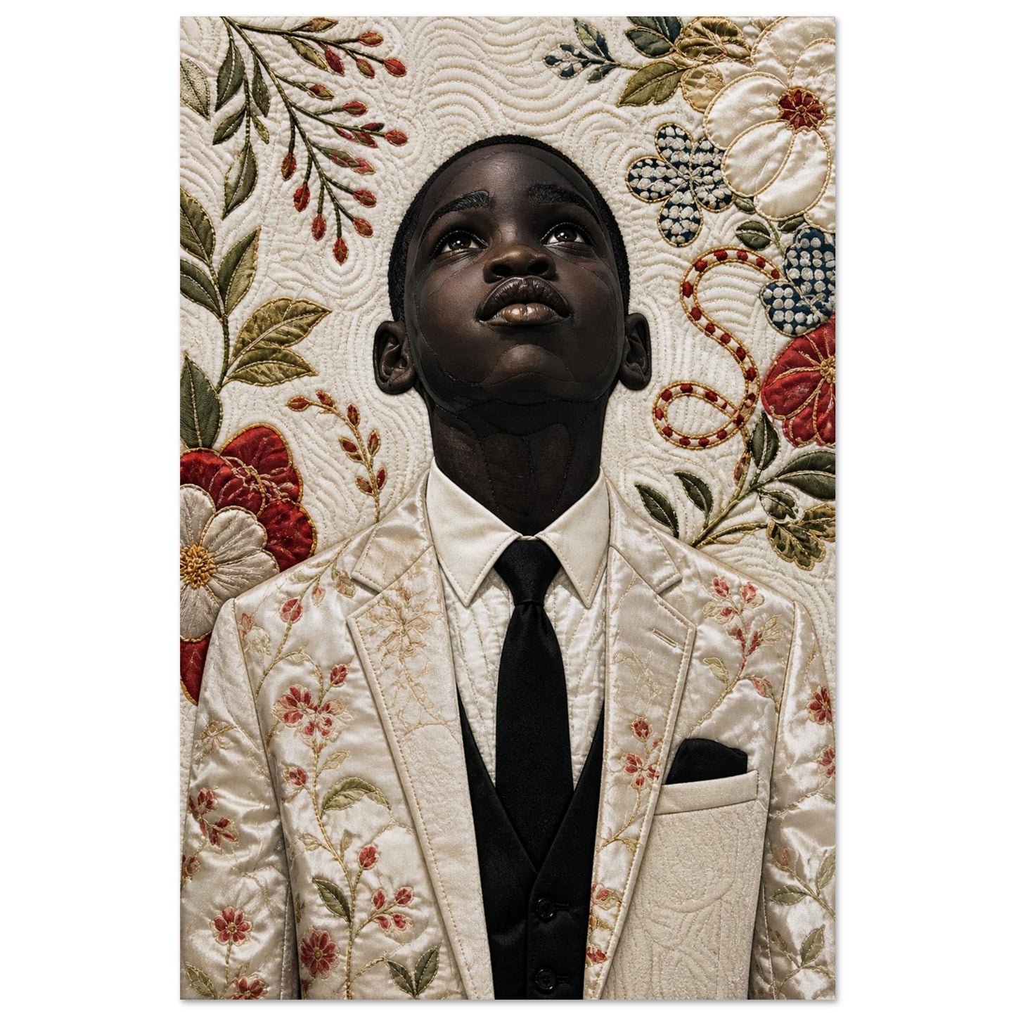 Black-accented portrait textile collage poster of a suited sitter before an embroidered floral quilt, matte paper, vertical.